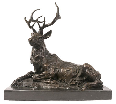 Stag Lying Bronze Sculpture On Marble Base